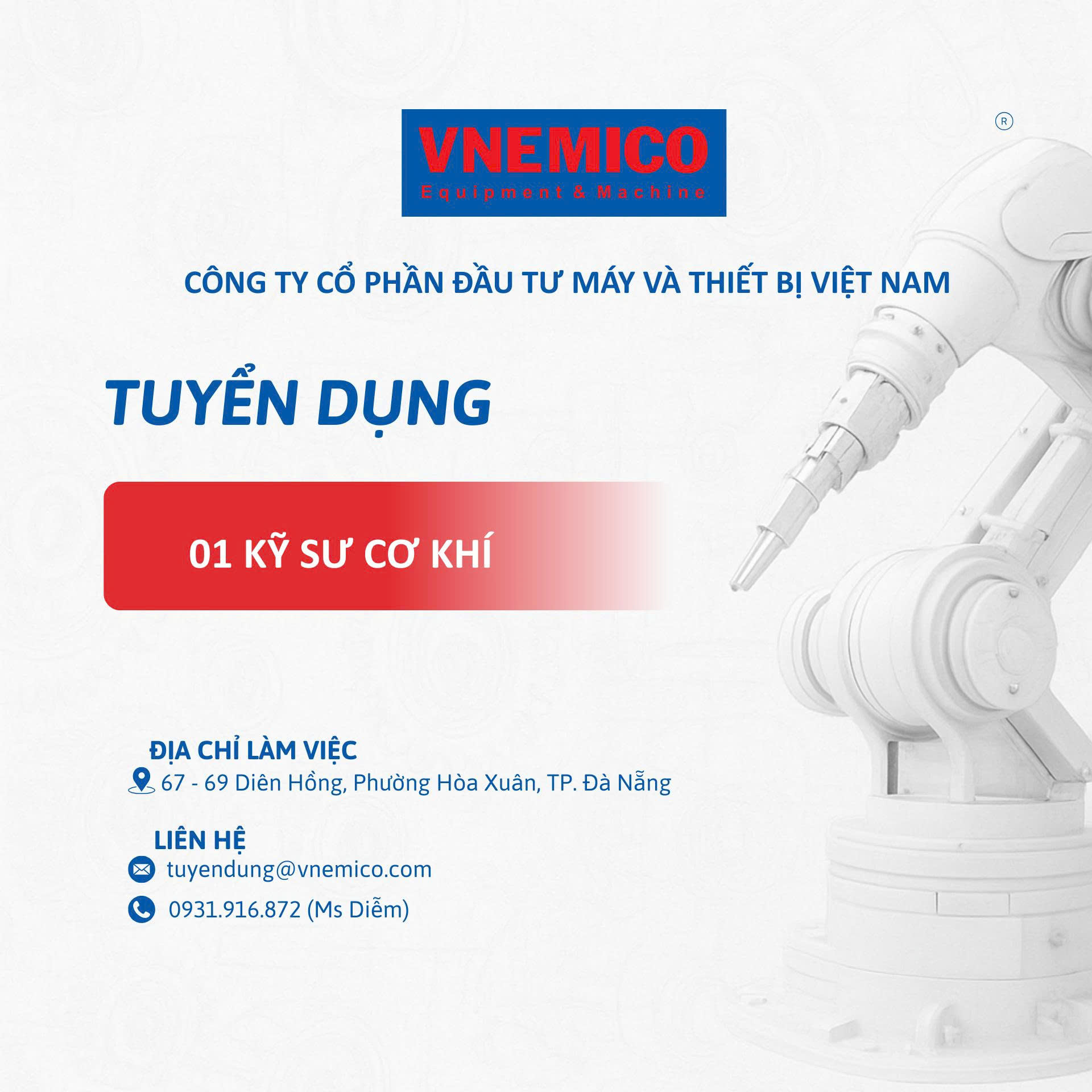 Thông báo tuyển dụng kỹ sư cơ khí Công ty Cổ phần Đầu tư Máy và Thiết bị Việt Nam